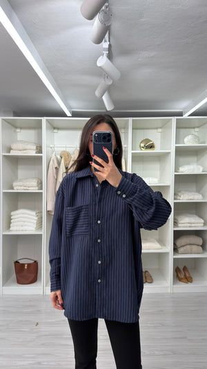 LACİVERT NEXO OVERSIZE ÇİZGİLİ GÖMLEK