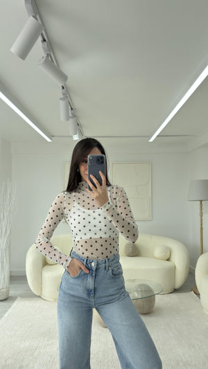 BEYAZ PUANTİYE DESEN TRANSPARAN BLUZ