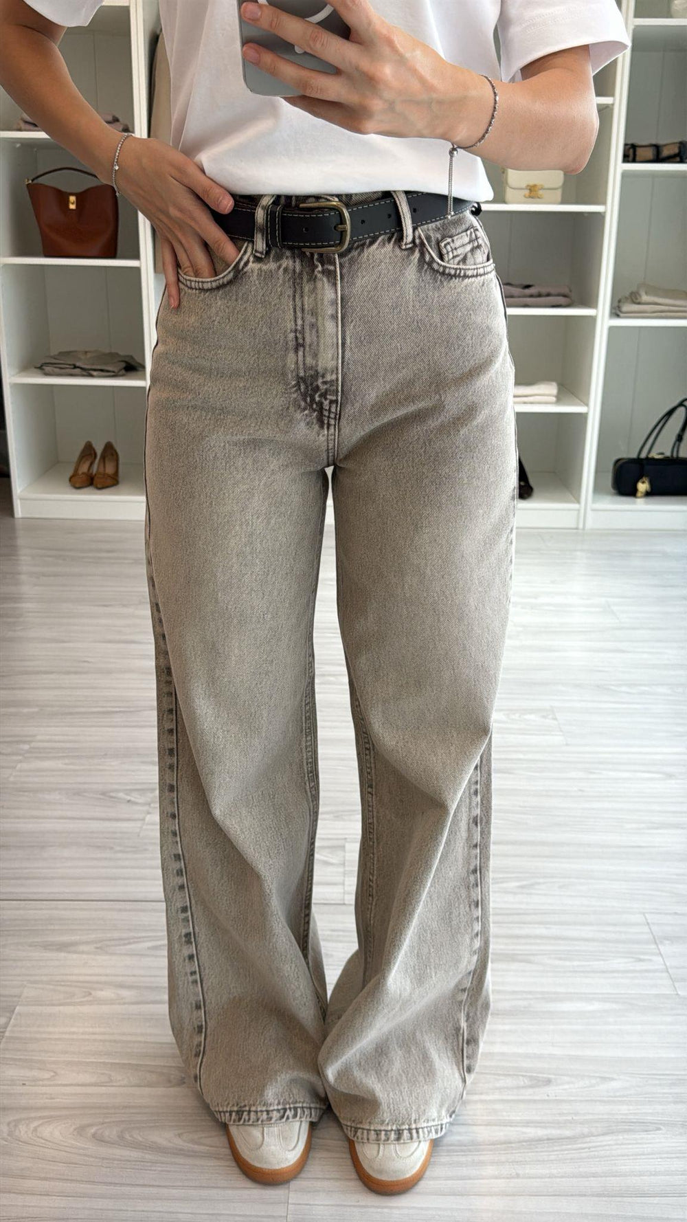 KAHVE GRİ KEMERLİ WIDE LEG JEAN
