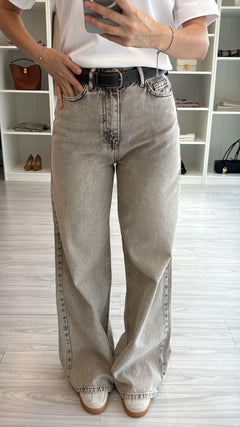 KAHVE GRİ KEMERLİ WIDE LEG JEAN