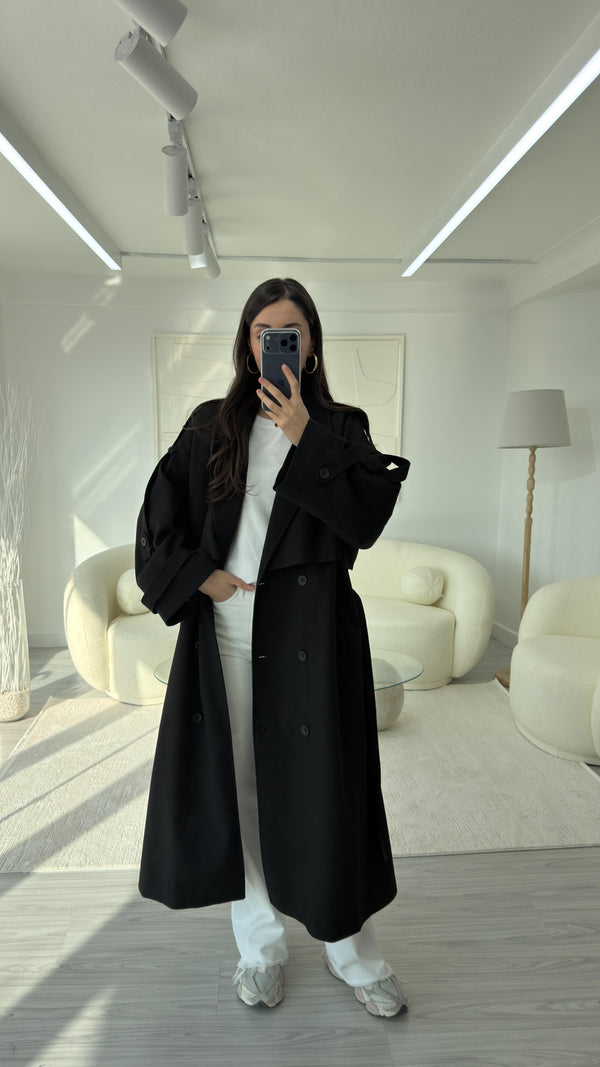 SİYAH OVERSIZE UZUN TRENÇKOT
