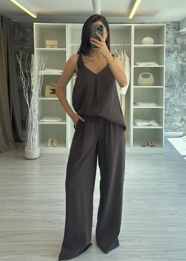 KAHVERENGİ TENSEL BLUZ PANTOLON TAKIM