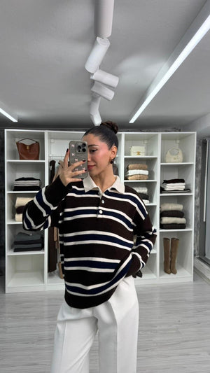 KAHVE LACİVERT POLO YAKA ÇİZGİLİ TRİKO