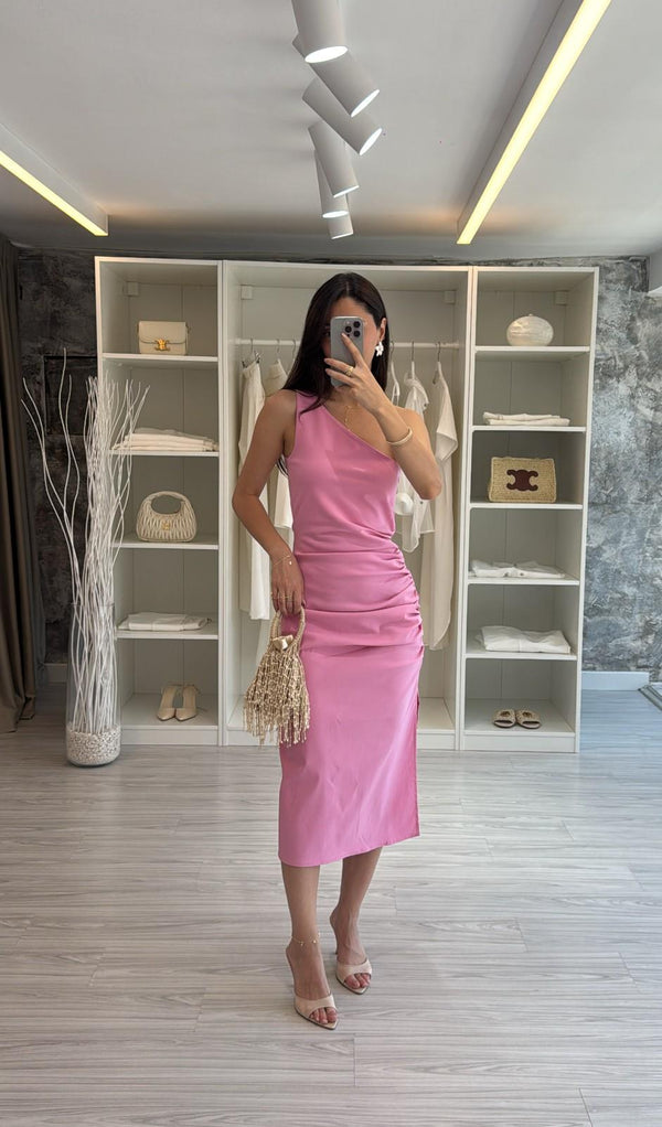 PEMBE TEK OMUZ ELBİSE