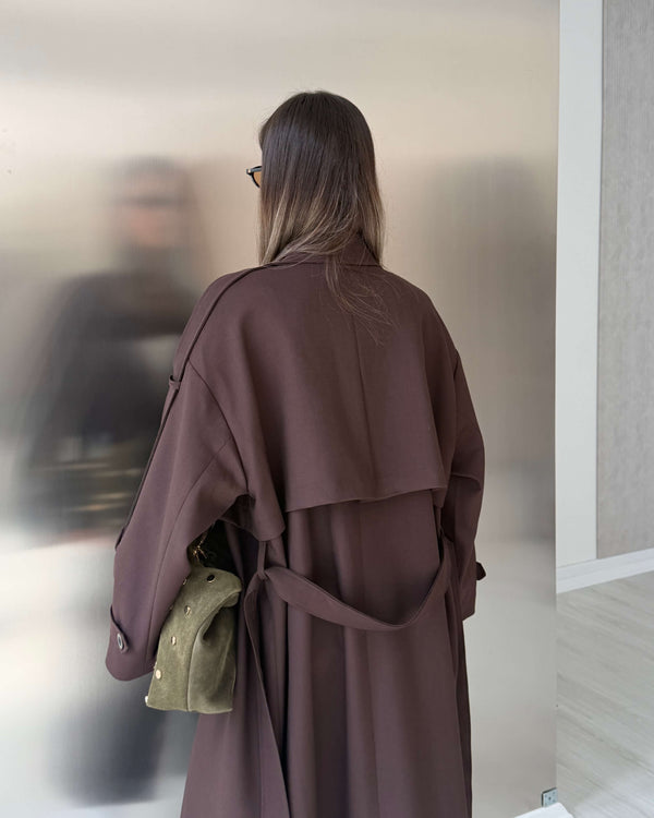 KAHVERENGİ OVERSIZE UZUN TRENÇKOT - 1142