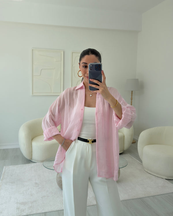 PEMBE TRANSPARAN KENDİNDEN DESENLİ GÖMLEK