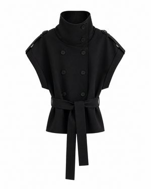 SİYAH DİK YAKA KUŞAKLI YELEK