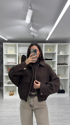 KAHVERENGİ CEP DETAYLI BOMBER CEKET