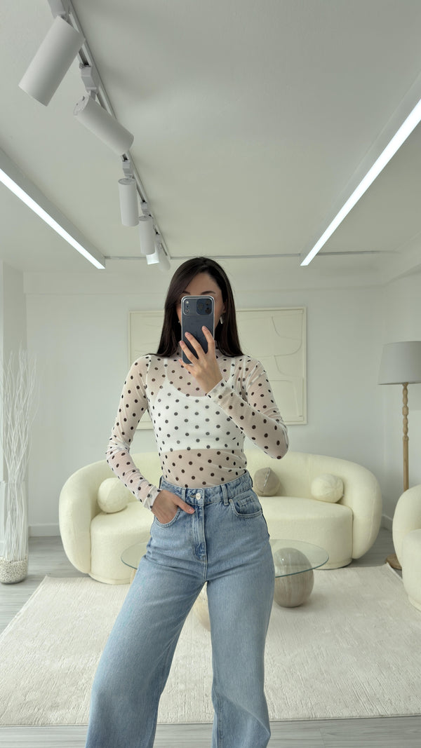 BEYAZ PUANTİYE DESEN TRANSPARAN BLUZ