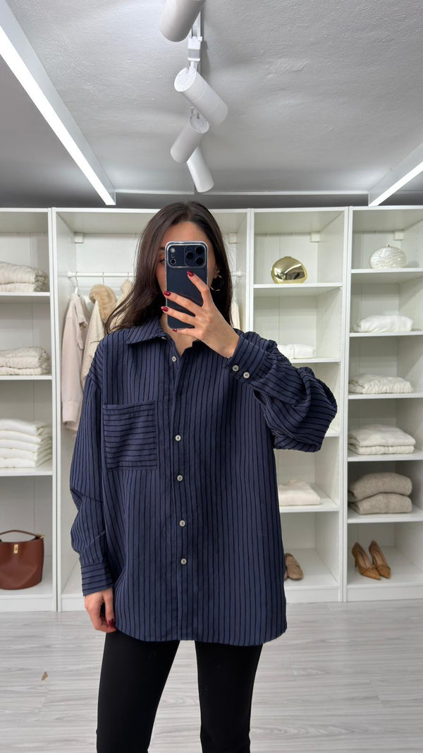 LACİVERT NEXO OVERSIZE ÇİZGİLİ GÖMLEK