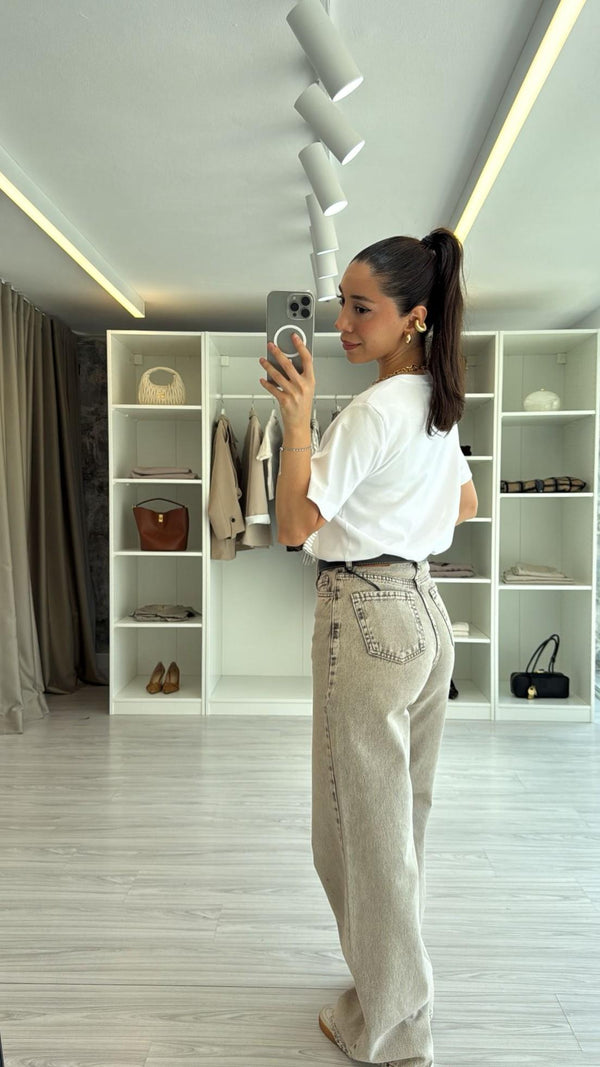 KAHVE GRİ KEMERLİ WIDE LEG JEAN