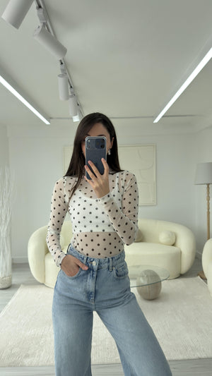 BEYAZ PUANTİYE DESEN TRANSPARAN BLUZ