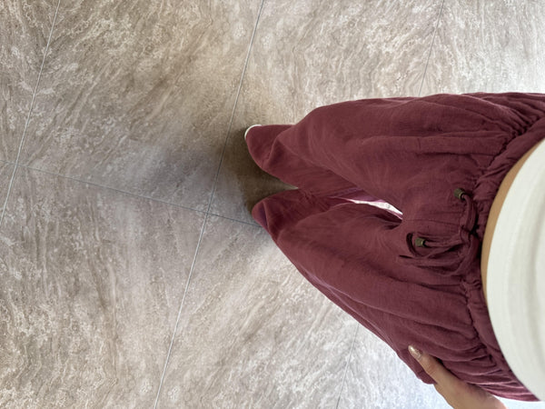 BORDO PAÇA DETAYLI KETEN PANTOLON