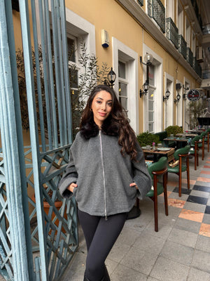ANTRASİT KÜRK YAKALI KAŞE MONT