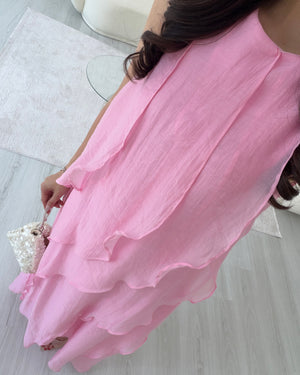PEMBE FIRFIRLI MAXİ ELBİSE
