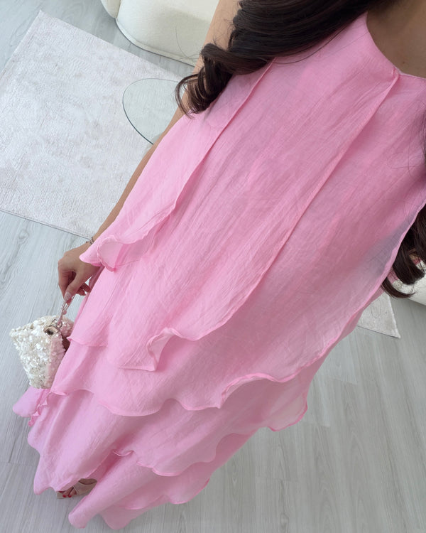 PEMBE FIRFIRLI MAXİ ELBİSE