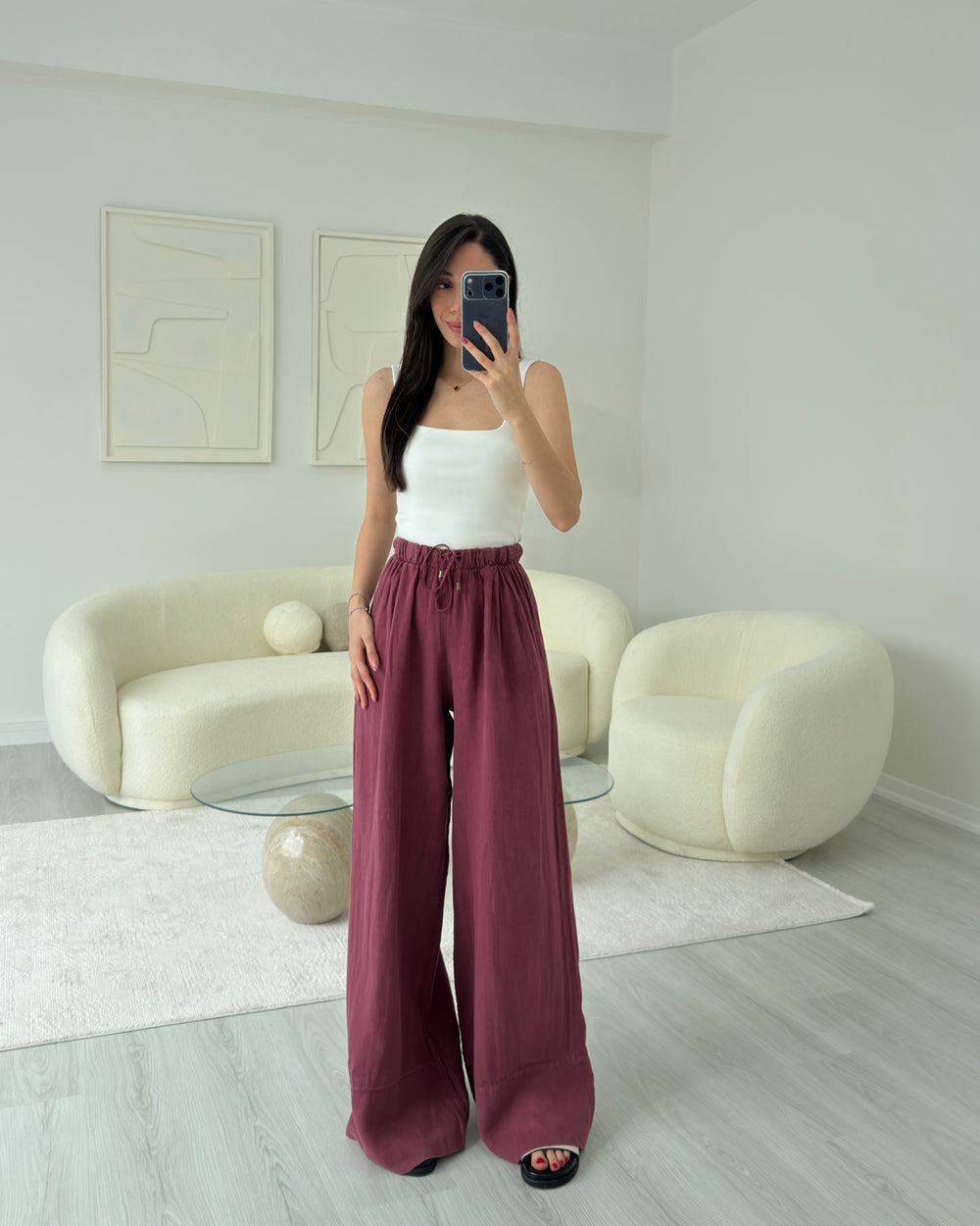 BORDO PAÇA DETAYLI KETEN PANTOLON