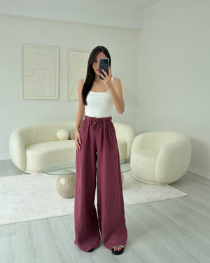 BORDO PAÇA DETAYLI KETEN PANTOLON