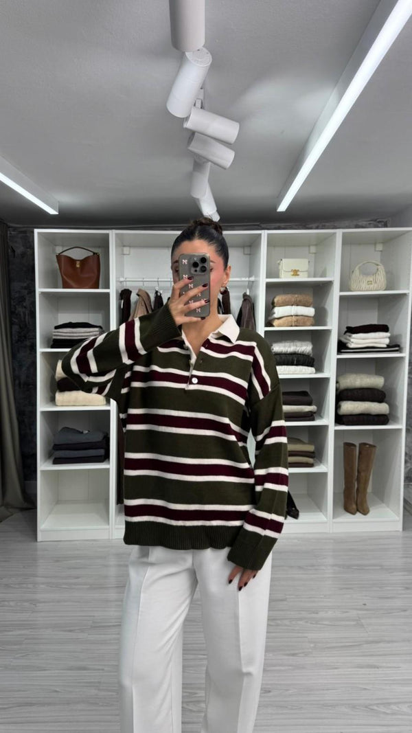 HAKİ BORDO POLO YAKA ÇİZGİLİ TRİKO