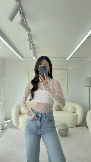 PEMBE PUANTİYE DESEN TRANSPARAN BLUZ