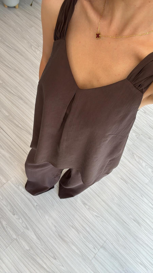 KAHVERENGİ TENSEL BLUZ PANTOLON TAKIM