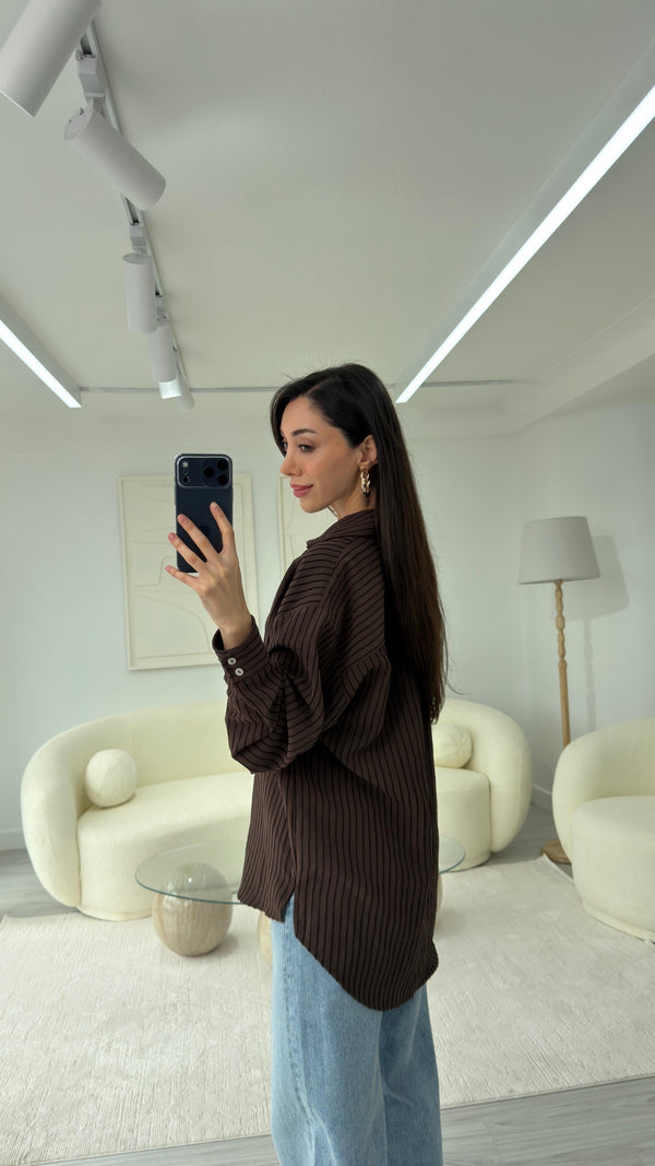 KAHVERENGİ NEXO OVERSIZE ÇİZGİLİ GÖMLEK