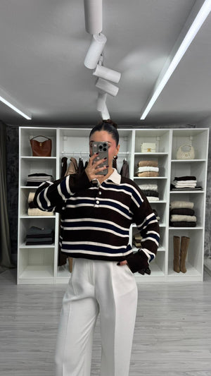 KAHVE LACİVERT POLO YAKA ÇİZGİLİ TRİKO