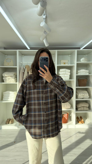 KAHVERENGİ OVERSIZE EKOSELİ ODUNCU GÖMLEK