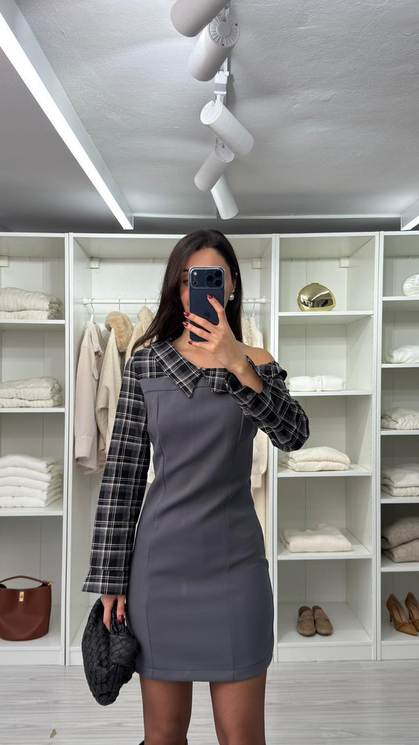 GRİ EKOSE DETAYLI TASARIM ELBİSE