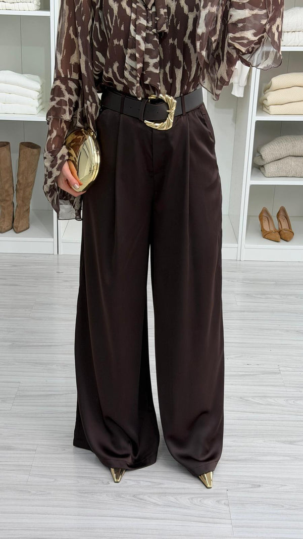 KAHVERENGİ KEMERLİ SATEN PANTOLON