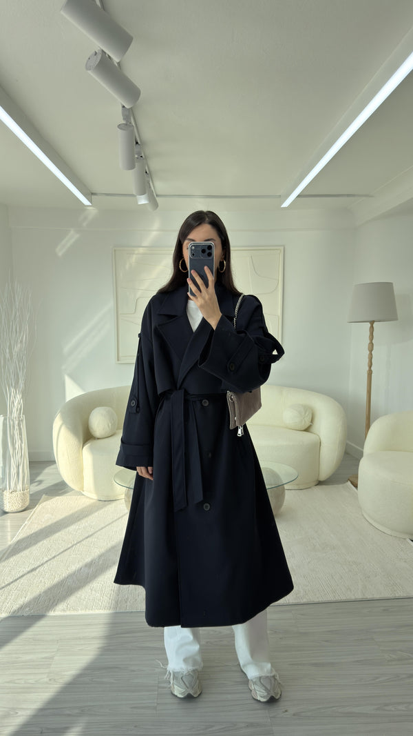 LACİVERT OVERSIZE UZUN TRENÇKOT