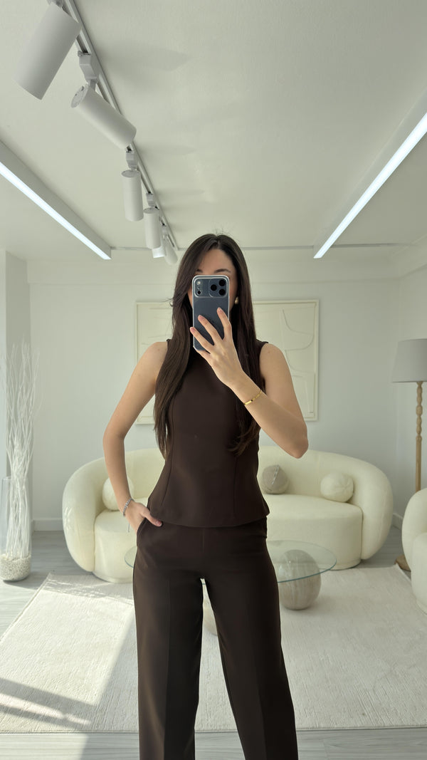 KAHVE PELERİN DETAYLI TAKIM