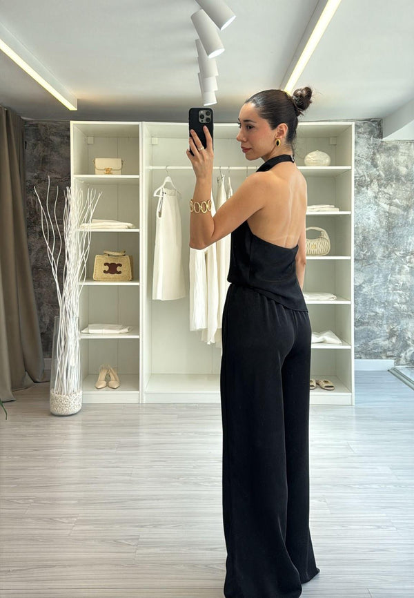 SİYAH SATEN BLUZ PANTOLON TAKIM