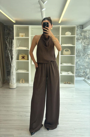 KAHVERENGİ SATEN BLUZ PANTOLON TAKIM