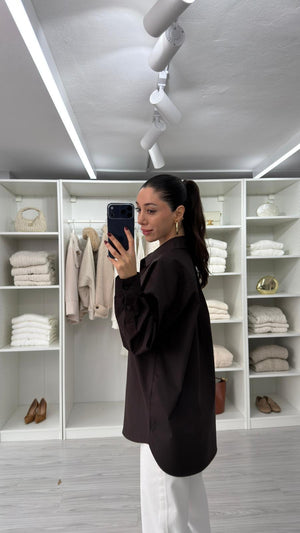 KAHVERENGİ ASTRE OVERSIZE POPLİN GÖMLEK