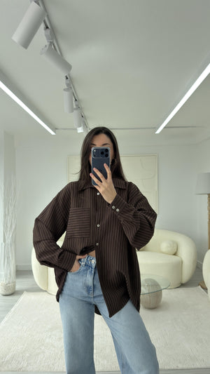 KAHVERENGİ NEXO OVERSIZE ÇİZGİLİ GÖMLEK