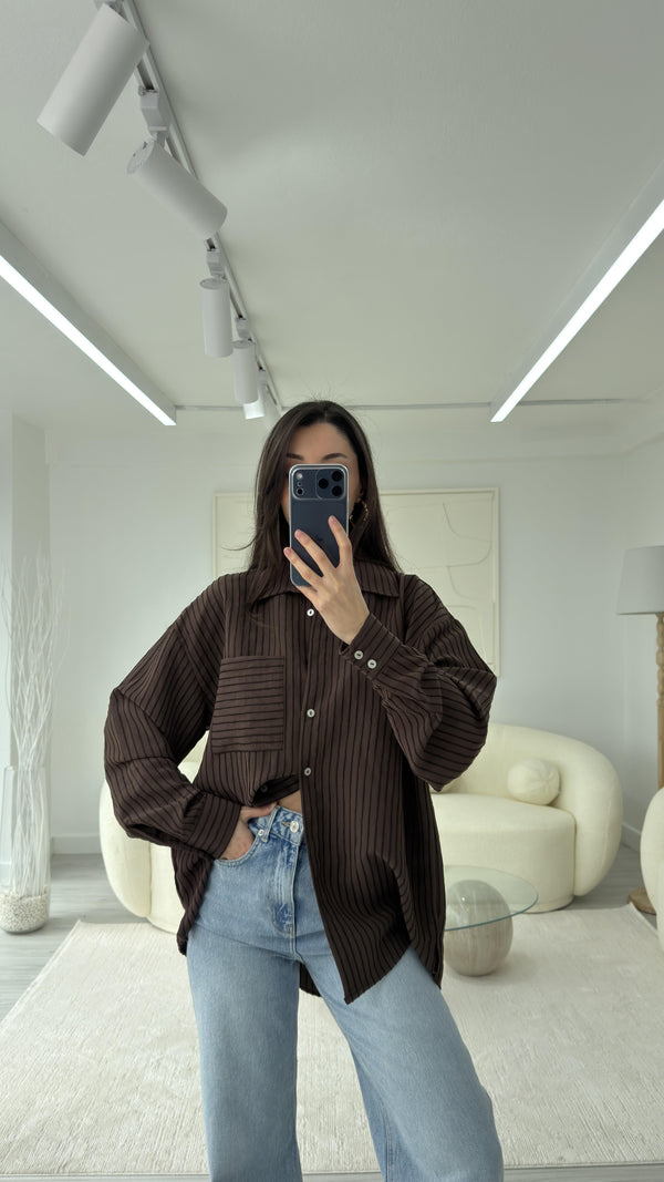 KAHVERENGİ NEXO OVERSIZE ÇİZGİLİ GÖMLEK