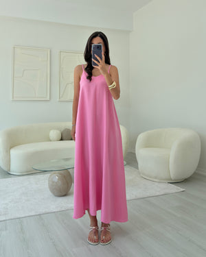 PEMBE ASKILI MAXİ SALAŞ ELBİSE