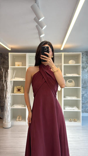 BORDO ÇAPRAZ BAĞLAMALI TENSEL ELBİSE
