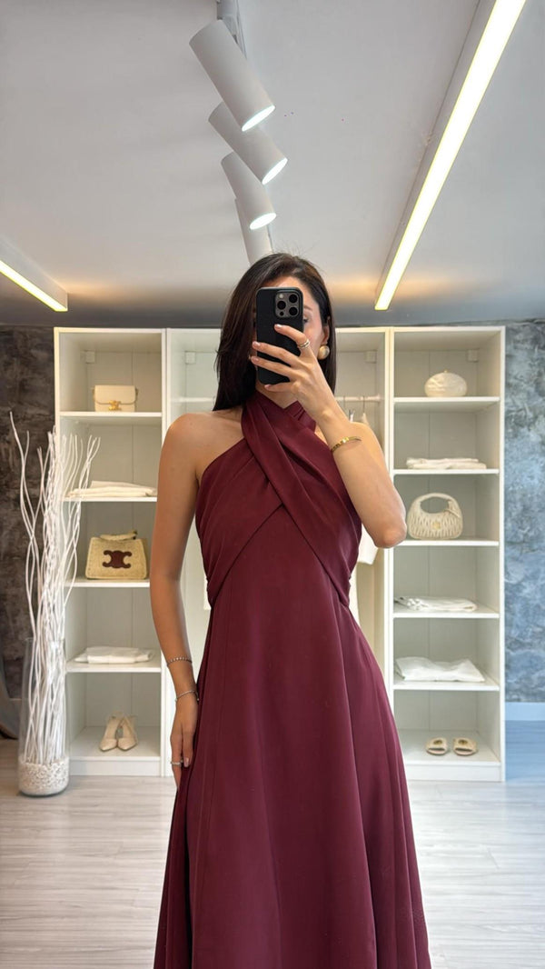 BORDO ÇAPRAZ BAĞLAMALI TENSEL ELBİSE