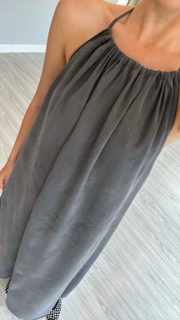ANTRASİT HALTER YAKA TENSEL ELBİSE