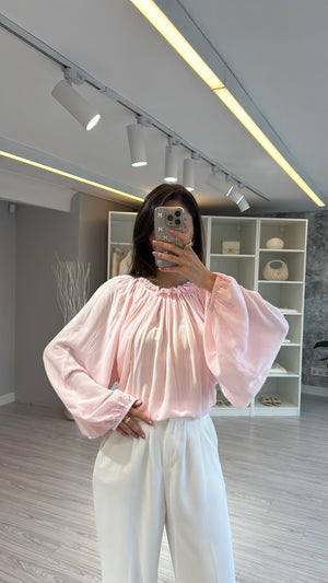 PEMBE PAMUKLU ŞİFON BLUZ