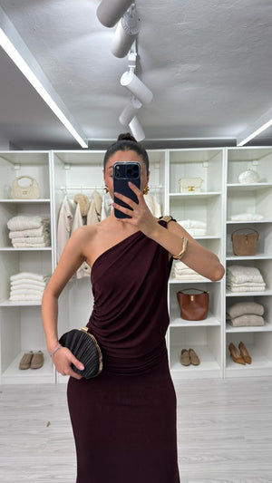 BORDO DRAPELİ TEK OMUZ ELBİSE