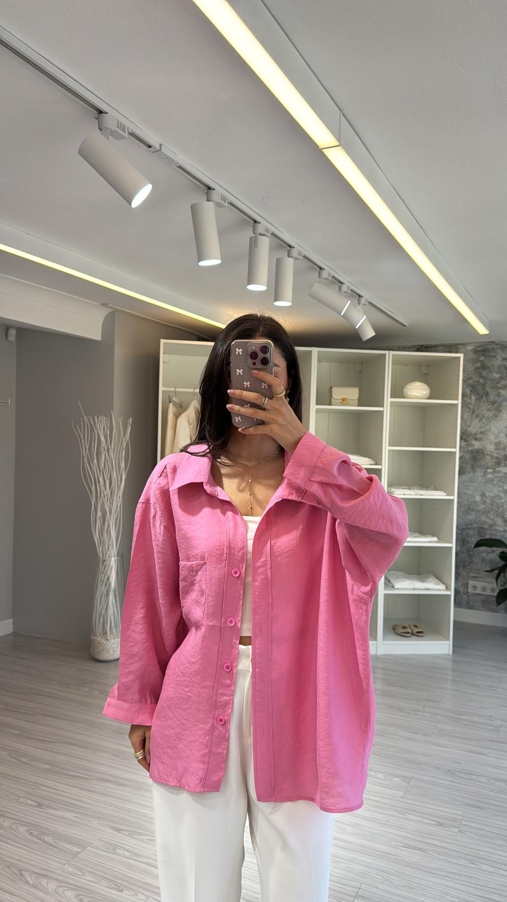 PEMBE OVERSİZE TENSEL GÖMLEK