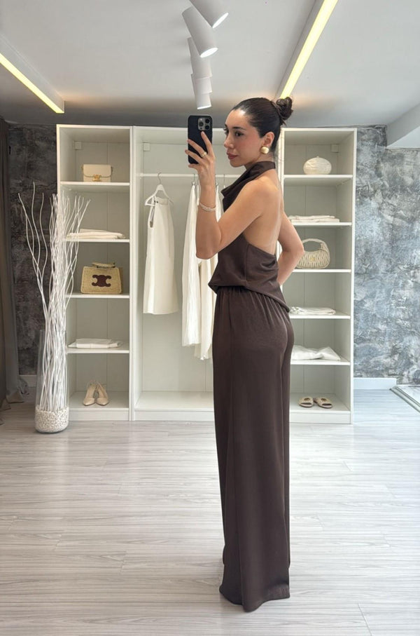KAHVERENGİ SATEN BLUZ PANTOLON TAKIM