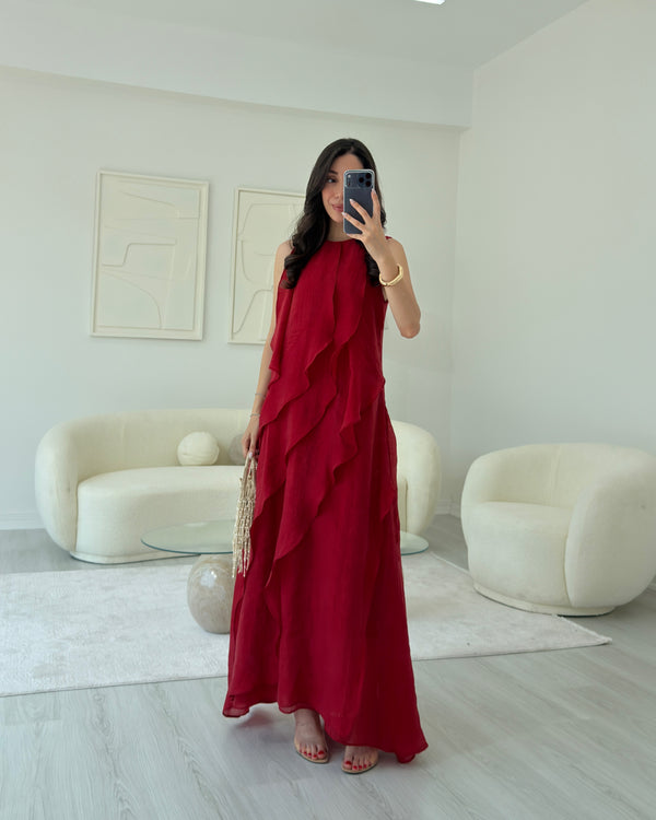 KIRMIZI FIRFIRLI MAXİ ELBİSE