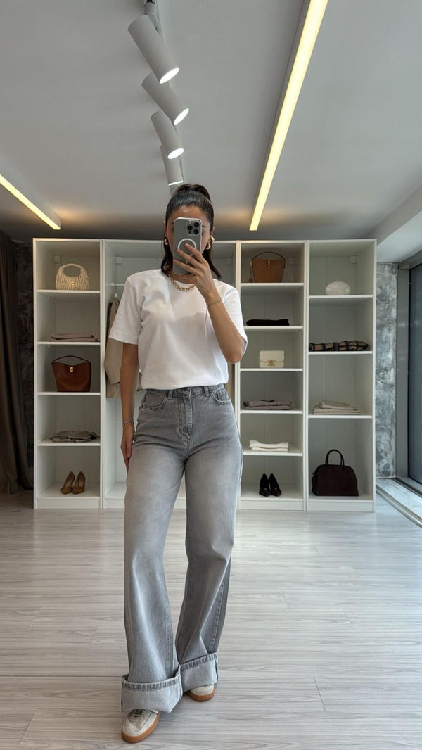GRİ KEMERLİ WIDE LEG JEAN