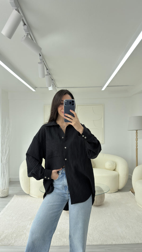 SİYAH NEXO OVERSIZE ÇİZGİLİ GÖMLEK