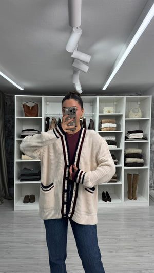 KREM ŞERİT DETAYLI TRİKO HIRKA