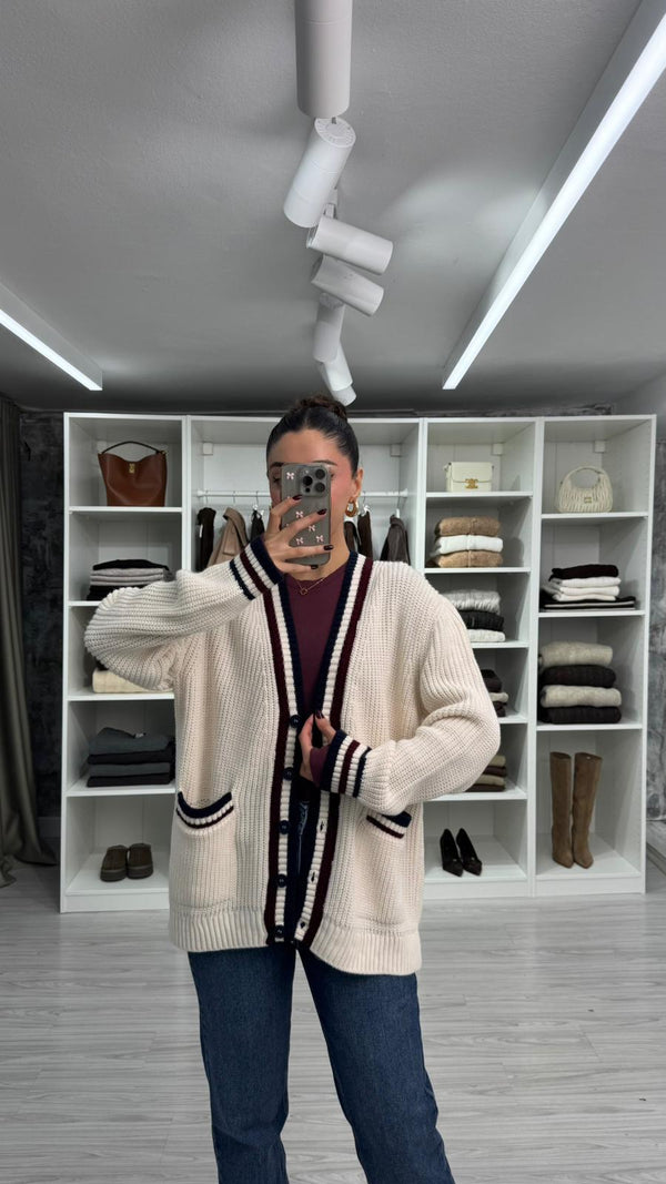 KREM ŞERİT DETAYLI TRİKO HIRKA